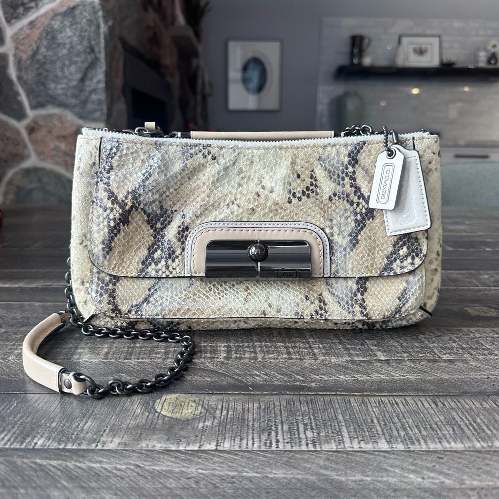 Coach Beige Snake-Print Shoulder Bag with Black Chain